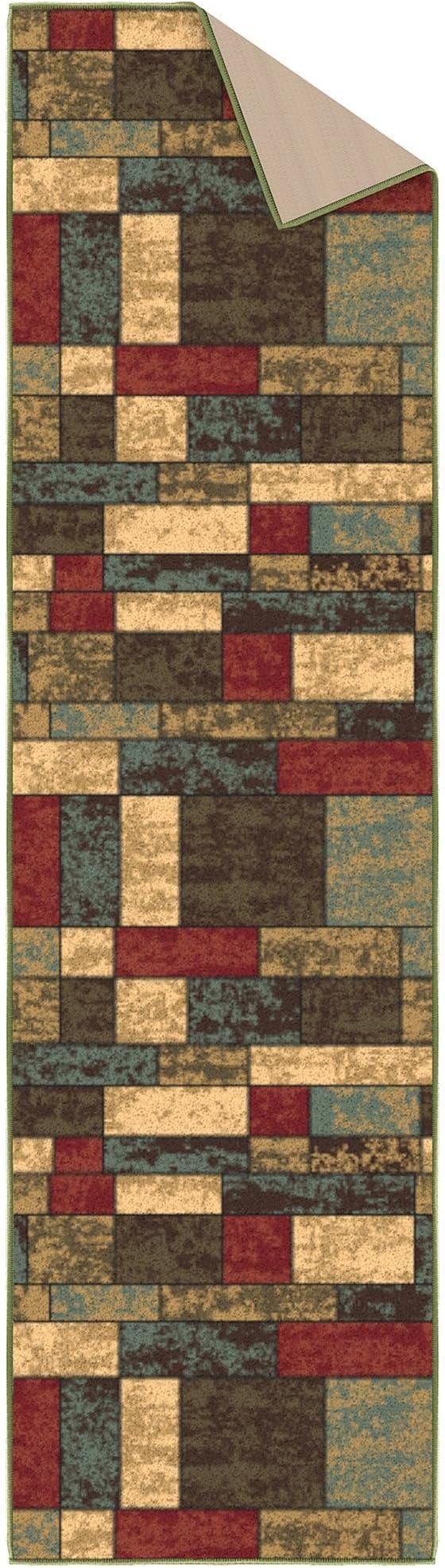 Ottomanson Hallway Runner Rug 1'10" x 7' Non Slip Boxes Area Rugs Easy to Clean Laundry Rug Runner Durable & Pet Friendly Floor Carpet Runners for Hallways Entryway Living Room Kitchen, Multicolor