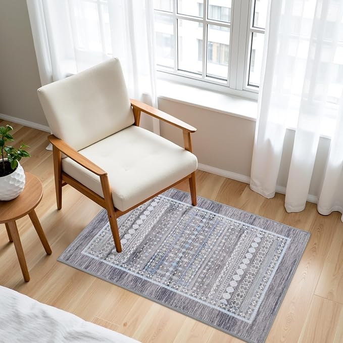 2x3 Small Rugs for Bedroom, Washable Aztec Geometric Indoor Entryway Door Rug with Non-Slip Backing, Soft Moroccan Throw Rug Western Carpet for Kitchen Home Office, Grey & Blue