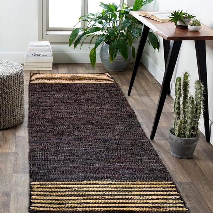 GRUHUM Jute Runner Rug 2'6"x4'ft Natural Fibre Rectangular Jute Area Rug Brown Leather Handwoven Boho Farmhouse Braided Rustic Vintage Eco Friendly Rug Kitchen Livingroom Bedroom Hallways Enterways