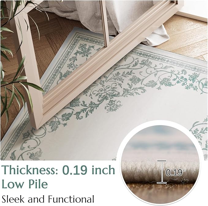 jinchan Runner Rug 2x5 Kitchen Washable Rug Vintage Entryway Hallway Runner Ultra-Thin Non Slip Carpet Floral Medallion Boho Floor Carpet for Bedroom Bathroom Laundry Room Farmhouse Green On Cream