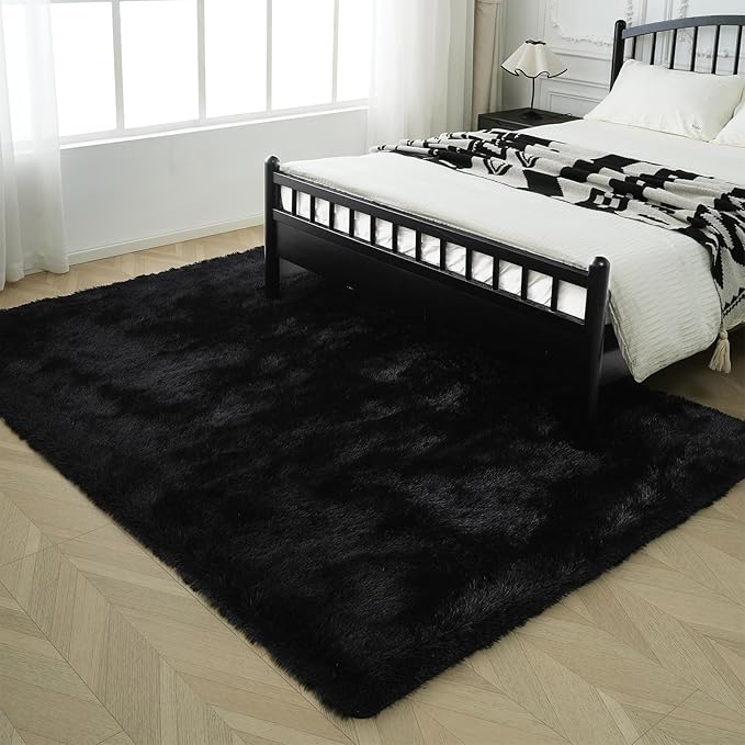 Fluffy Rug Shaggy Area Rug, Black 4x6 Area Rugs for Bedroom, Small Bedside Rug, Soft Fluffy Shaggy Entryway Throw Rugs for Living Room Bedroom Kids Room Home Decor