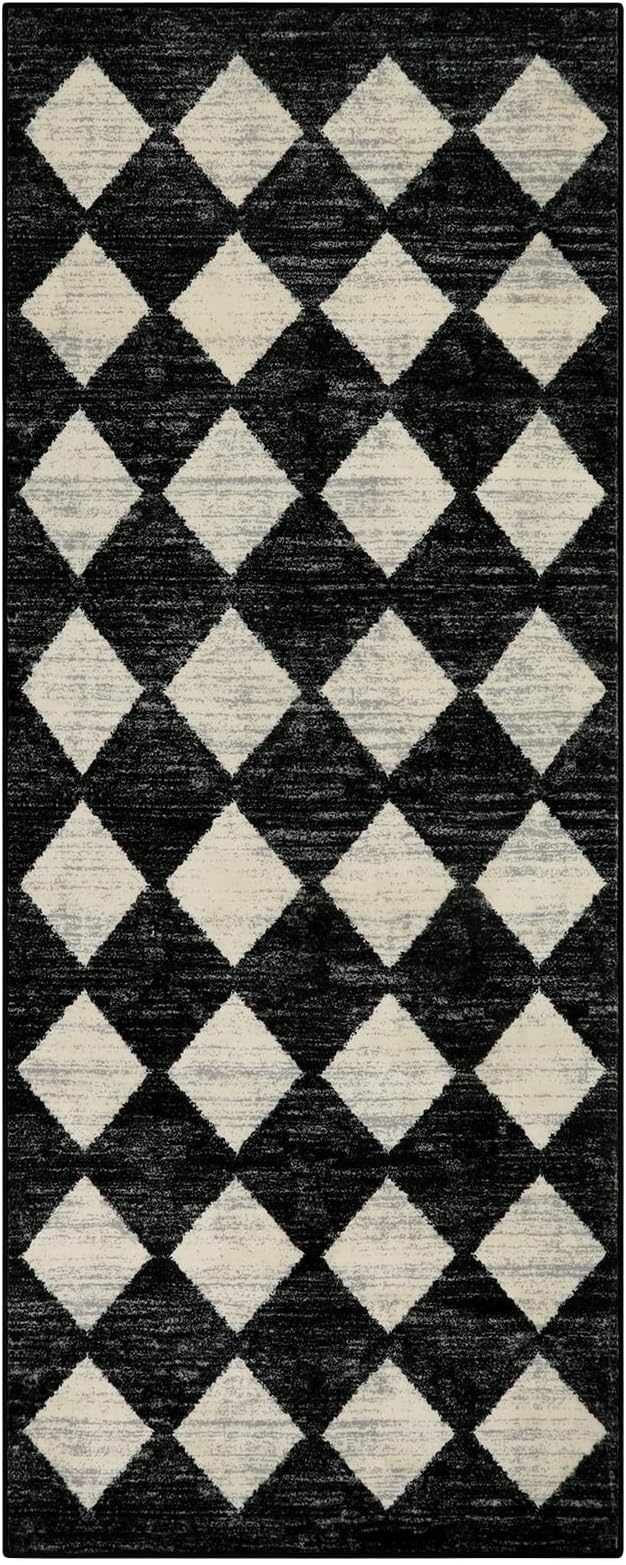 Lahome Washable Black and White Kitchen Runner Rug, 2x5 Soft Non Slip Laundry Room Rug Bathroom Runner Rugs with Rubber Backing, Moroccan Trellis Kid Pet Friendly Carpet Runner for Entryway Bedside