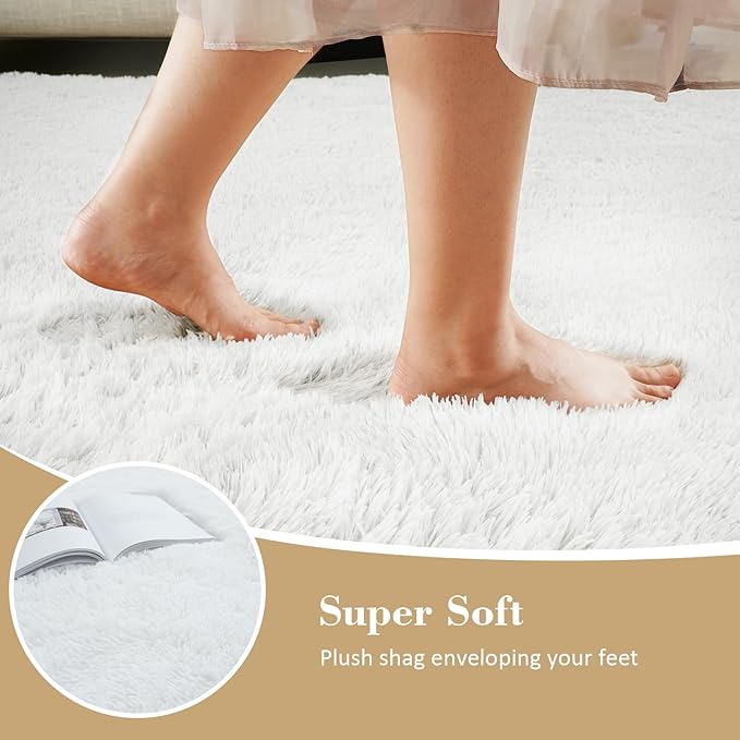Fluffy Rug Shaggy Area Rug, White 6x9 Area Rugs for Living Room, Large Shag Area Rugs for Bedroom Kids Room Home Decor, Upgrade Anti-Skid Rectangular Fuzzy Rugs
