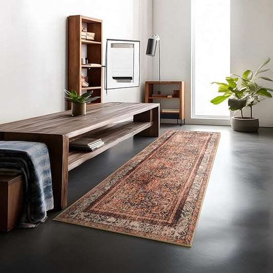 Phantoscope Hallway Runner Rug 2'x6' - Boho Washable Non-Slip Kitchen Rug Runner, Ultra-Thin Vintage Distressed Accent Throw R UG for Entryway Laundry Bathroom Bedroom, Brick Red/Black