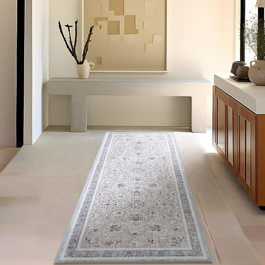 Phantoscope Hallway Runner - Boho Washable Non-Slip Kitchen Rug, Ultra-Thin Vintage Distressed Accent Throw for Entryway Laundry Bathroom Bedroom, Light Grey/Neutral, 2'x6'