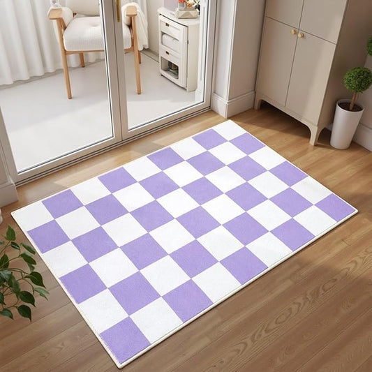 Terrug Purple and White Small Checkered Rug for Bedroom, 2x3 Soft Washable Rug with Non Slip Backing, Low Pile Throw Carpet for Entryway Hallway Kitchen Laundry Room