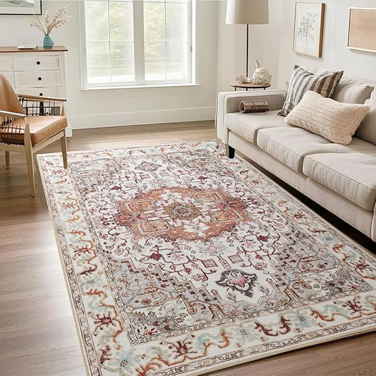 Washable Area Rugs 5x7, Beige Vintage Rugs-Low Pile Carpet, Non-Slip Distressed Printed Patterns Rugs for Bedroom, Living Room, Dining Room, Beige