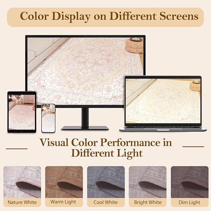2x10 Area Rug Boho Machine Washable Living Room Rug Non Slip Low Pile Vintage Print Distressed Soft Carpet for Bedroom Diningroom Cream/Pink/Green/Beige/Blue