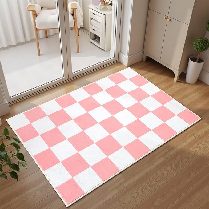 Terrug Pink and White Small Checkered Rug for Bedroom, 2x3 Soft Washable Rug with Non Slip Backing, Low Pile Throw Carpet for Entryway Hallway Kitchen Laundry Room