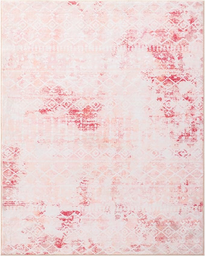 Carvapet Boho Rugs for Living Room, Moroccan Pink Low Pile Small Carpet with Rubber Backing, Foldable, Non Slip Machine Washable (5 x 3 Feet Rectangular, Pink Area Rug)