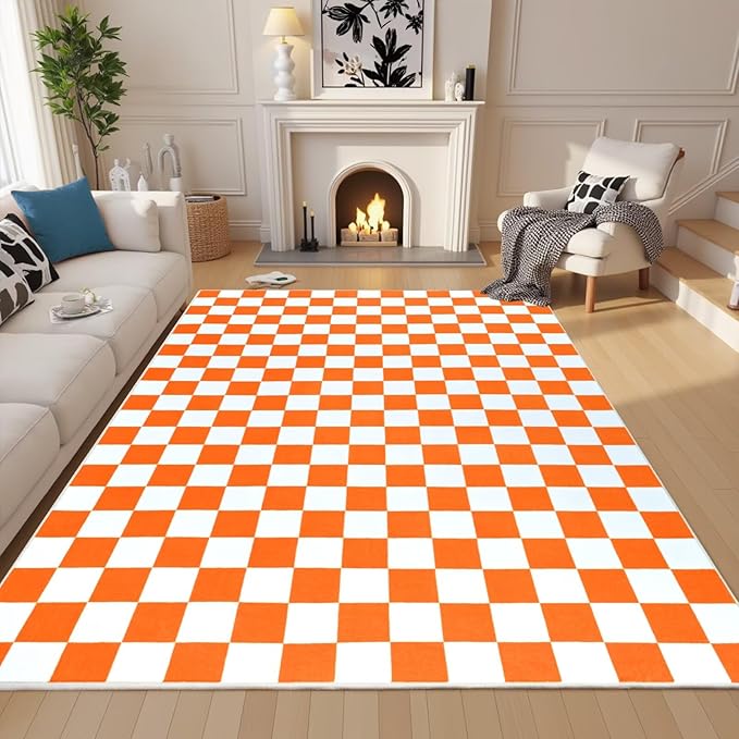 Terrug Orange and White Checkered Rug for Living Room Bedroom, 6x9 Soft Washable Area Rug with Non Slip, Low Pile Stain Resistance Carpet for Kids Room Entryway Kitchen Dorm