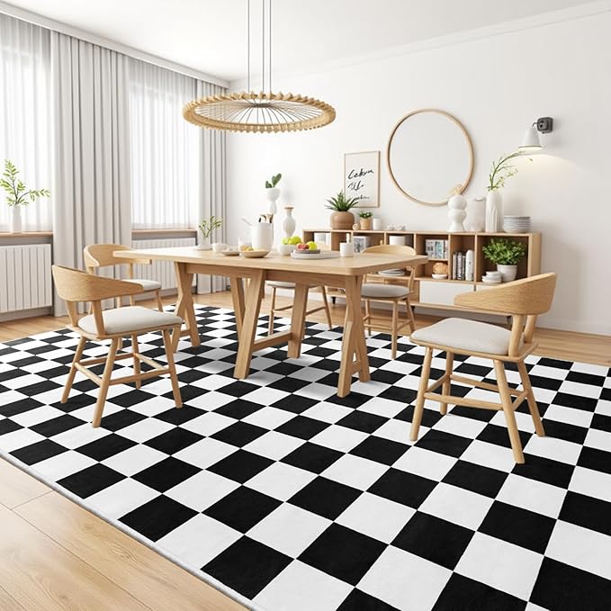 Terrug Black and White Checkered Rug for Living Room Bedroom, 5x7 Soft Washable Area Rug with Non Slip, Low Pile Stain Resistance Carpet for Kids Room Entryway Kitchen Dorm