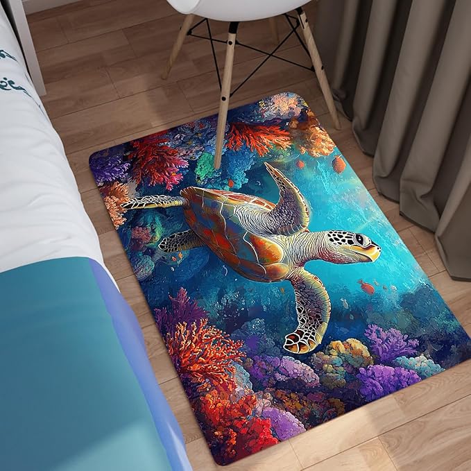 Sea Turtles Rug - Seafloor Turtle Area Rug for Kids Coral Ocean Life Turtles Carpet Rugs for Bedroom Living Room Kids Room Decor, 2x3 Feet