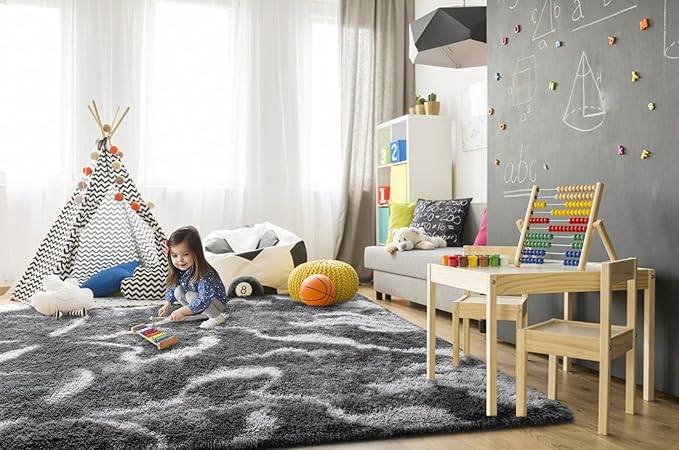 TWINNIS Super Soft Shaggy Rugs Fluffy Carpets, 5x8 Feet, Indoor Modern Plush Area Rugs for Living Room Bedroom Kids Room Nursery Home Decor, Upgrade Anti-Skid Rectangular Fuzzy Rug, Black Grey