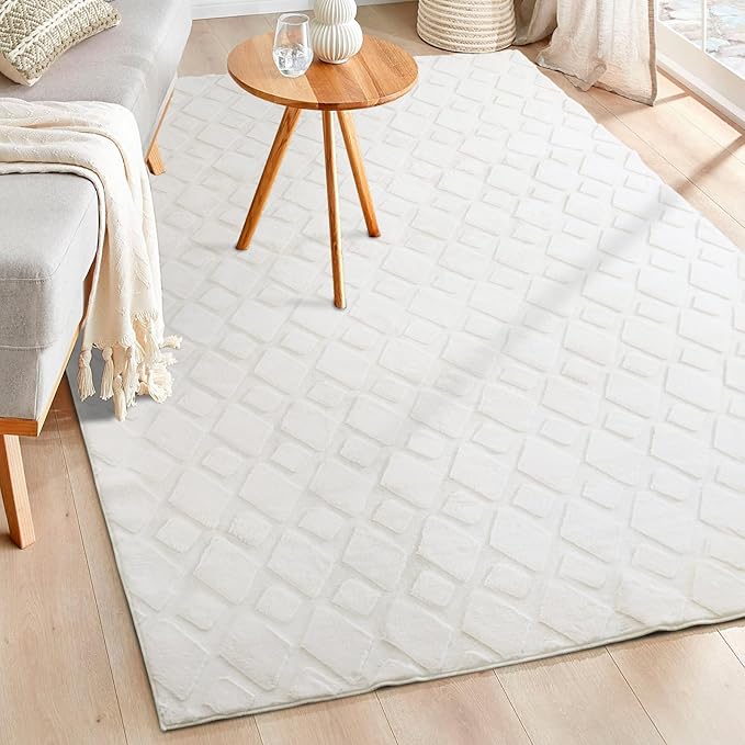 White Faux Rabbit Fur Rug 5.25x7.55 Machine Washable Area Rugs for Bedroom Fluffy Rugs for Living Room No-Shedding Carpet Sheepskin Rug (Cream, 5.25x7.55FT)…