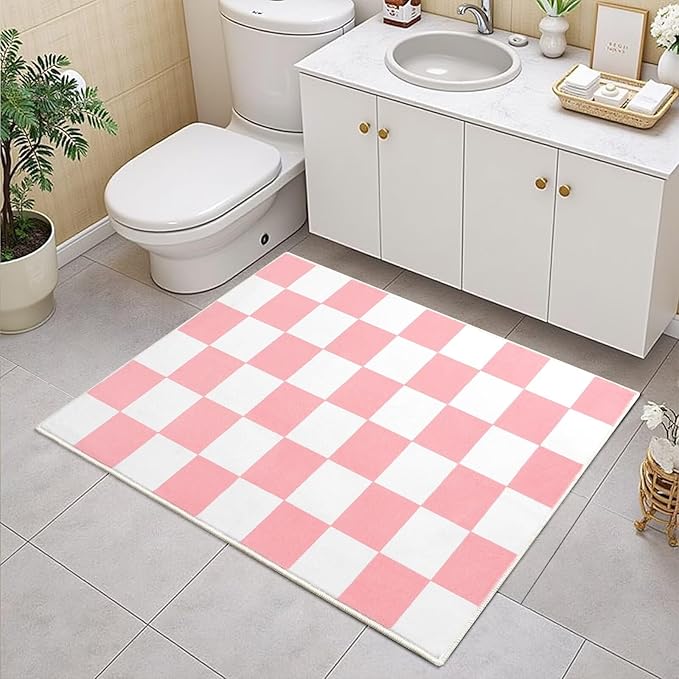 Terrug Pink and White Small Checkered Rug for Bedroom, 2x3 Soft Washable Rug with Non Slip Backing, Low Pile Throw Carpet for Entryway Hallway Kitchen Laundry Room