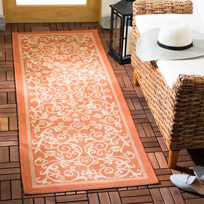 SAFAVIEH Courtyard Collection Runner Rug - 2'3" x 8', Terracotta & Natural, Scroll Design, Non-Shedding & Easy Care, Indoor/Outdoor & Washable-Ideal for Patio, Backyard, Mudroom (CY2098-3202)