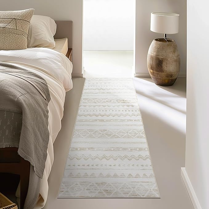 jinchan Runner Rug 2x5 Moroccan Hallway Kitchen Runner Ultra-Thin Washable Boho Geometric Rug Non-Slip Carpet for Bathroom Bedroom Laundry Room Taupe