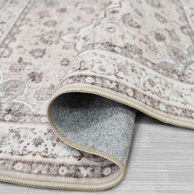 Washable 2x3 Entryway Area Rug: Vintage Non-Slip Backing Rugs for Kitchen Bathroom Water Resistant Carpet for Bedroom Soft Low Pile Front Door Mat for Dining Room 2x3 Cream/Beige