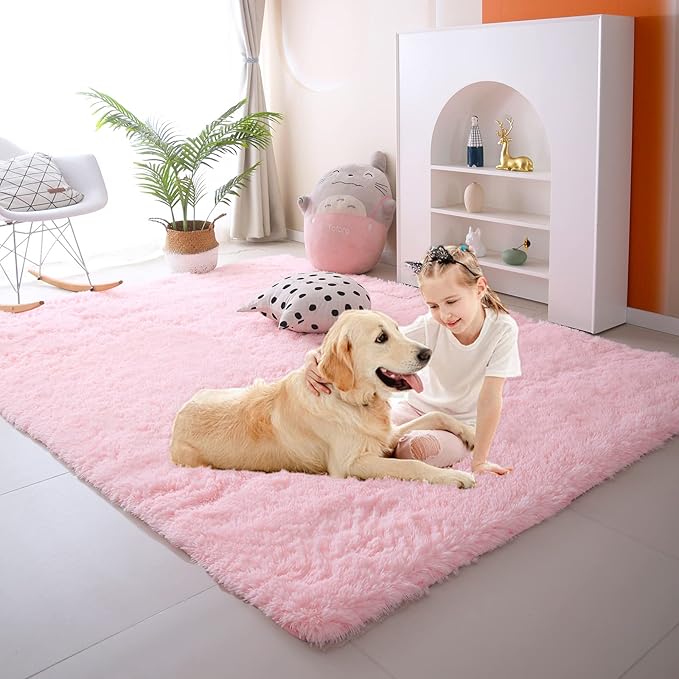 Soft Pink Rug for Girls Bedroom - 3x5 Feet Fuzzy Shag Area Rugs for Living Room,Large Comfy Non Slip Furry Plush Bedside Floor Carpet for Kids Baby Dorm Room