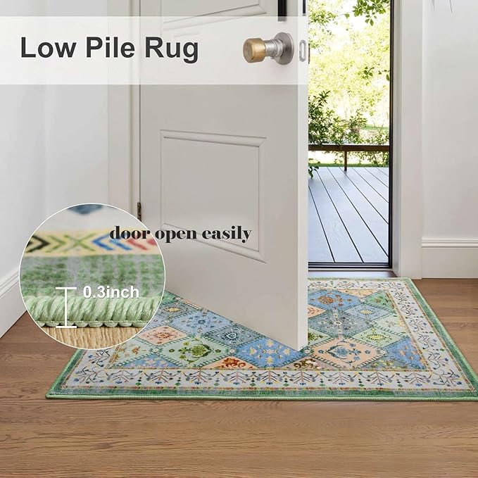 2x3 Small Washable Area Rug for Entryway, Green Boho Non-Slip Indoor Kitchen Rugs, Moroccan Floral Trellis Carpet Soft Low Pile Vintage Throw Mat for Bedroom Bathroom Front Door