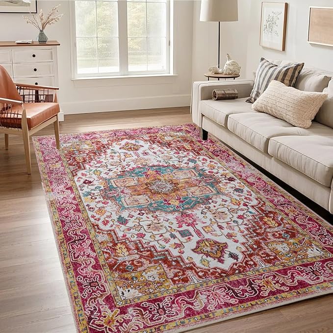 Washable Area Rugs 3x5, Low Pile Carpet, Non-Slip Vintage Distressed Rug for Bedroom, Living Room, Dining Room, Entryway, Magenta
