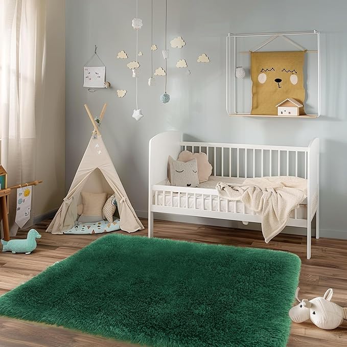 3x5 Rugs for Bedroom, Fluffy Dark Green Area Rugs for Living Room, Soft Shag Kids Rug Small Carpet with 4 Non-Slip Rug Pads (3ft x 5ft, Dark Green)