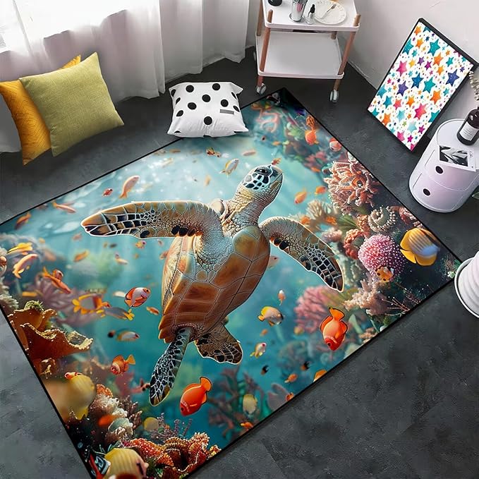 Sea Turtles Area Rug - Sea Turtle Rug for Bedroom Ocean Theme Rugs Coastal Rugs for Bedroom Ocean Animal Room Decor, 63 x 47 Inches