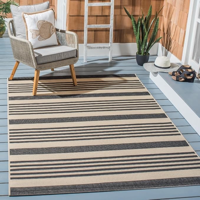 SAFAVIEH Courtyard Collection Area Rug - 5'3" x 7'7", Black & Bone, Stripe Design, Non-Shedding & Easy Care, Indoor/Outdoor & Washable-Ideal for Patio, Backyard, Mudroom (CY6062-216)