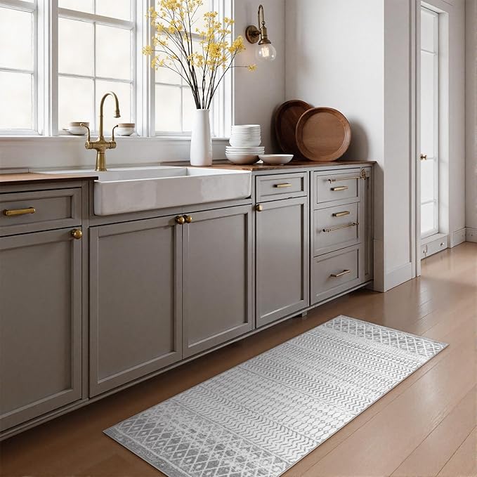 Moroccan Washable Area Rug, 2x4 Non-Slip Front Door Mat Indoor Entrance, Low-Pile Distressed Grey Rug Throw Rugs for Bedroom Kitchen Bathroom Laundry Room