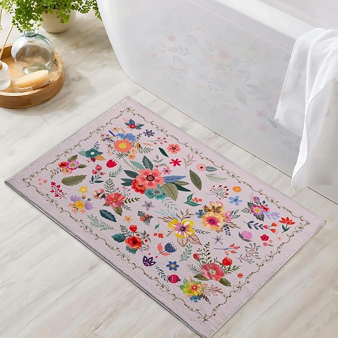 Bathroom Mat Floral Rugs Flower Botanical Modern Machine Washable Soft Plush Rug Carpet Non Slip Colorful Pink Aesthetic Area Rug for Entryway Kitchen Living Room Bedroom Dining Room Home 20x31.5 Inch