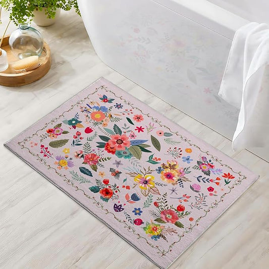 Bathroom Mat Floral Rugs Flower Botanical Modern Machine Washable Soft Plush Rug Carpet Non Slip Colorful Pink Aesthetic Area Rug for Entryway Kitchen Living Room Bedroom Dining Room Home 20x31.5 Inch