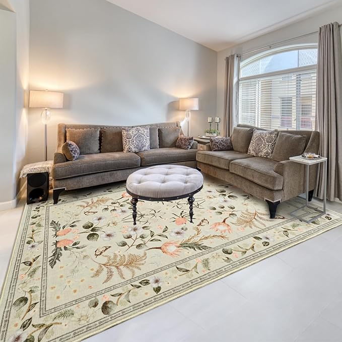 Area Rugs for Living Room, 6x9 Washable Non-Slip Rug for Bedroom, Vintage Floral Carpet for Home Office Nursery Dining Room Kitchen, Beige
