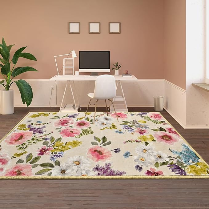 5x7 Floral Area Rugs for Living Room, Machine Washable Boho Vintage Flower Large Rugs for Bedroom, Farmhouse Dining Room Kids Room Non-Slip Soft Low Pile Accent Carpet for Girls Room, Beige