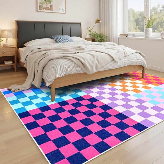 Terrug Multicolored Checkered Rug for Living Room Bedroom, 6x9 Soft Washable Area Rug with Non Slip, Low Pile Stain Resistance Carpet for Kids Room Entryway Kitchen Dorm
