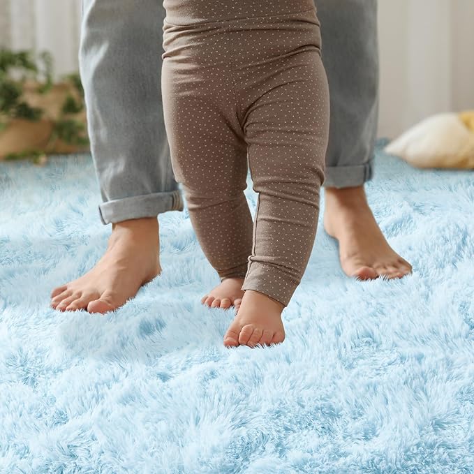 YJ.GWL Area Rugs for Living Room Bedroom, 4x6 Machine Washable Large Light Blue Carpet, Soft Fluffy Shaggy Thick Big Shag Indoor Floor Rug for Kids Boy and Girls Room Dorm Home Decor Aesthetic