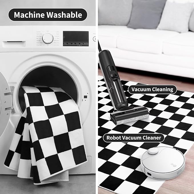 Terrug Black and White Small Checkered Rug for Bedroom, 2x3 Soft Washable Rug with Non Slip Backing, Low Pile Throw Carpet for Entryway Hallway Kitchen Laundry Room