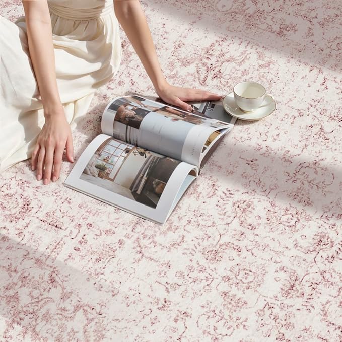 5x7 Washable Area Rug for Living Room & Bedroom, Large Light Pink Rugs for Women, Non Slip, Durable Low Pile Carpet, Vintage Carpets for Office, Dining Room, Kids Room and Farmhouse