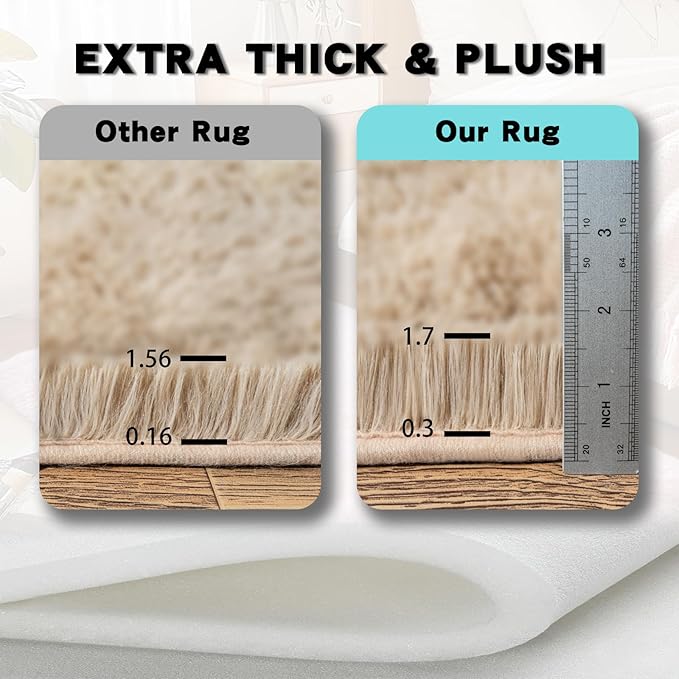 3x5 Area Rug for Bedroom, Soft Rugs for Living Room Nursery Kids Room Dorm Home Decor Aesthetic, Fluffy Shaggy Rug with 4 Anti-Slip Carpet Tapes, Light Tan