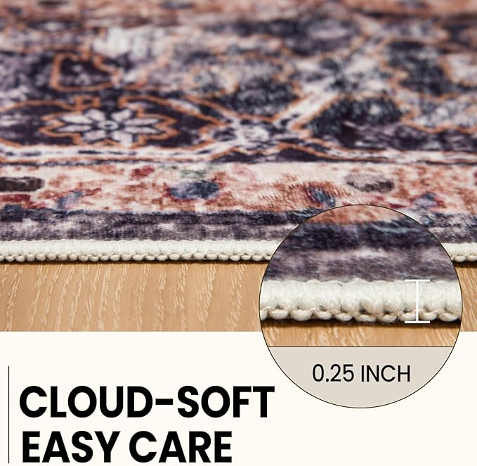 Washable 9x12 Area Rugs, Rugs for Living Room, Low-Pile Water&Stain Resistant Carpet Vintage Distressed Printed Non-Slip Carpet for Bedroom Bathroom Kitchen-Pink/Brown/Navy Blue/Black