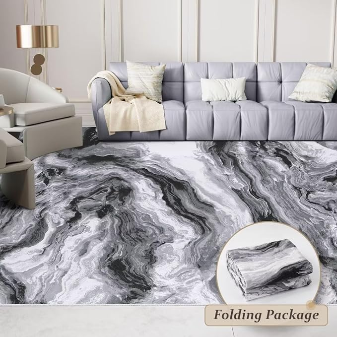 Washable Area Rug 9x12 - Artistic Style Modern Rug for Living Room Bedroom Dining Room, Soft Low Pile Machine Washable Carpet, Non Slip Non Shedding Area Rug - Grey/White, 9'x12'