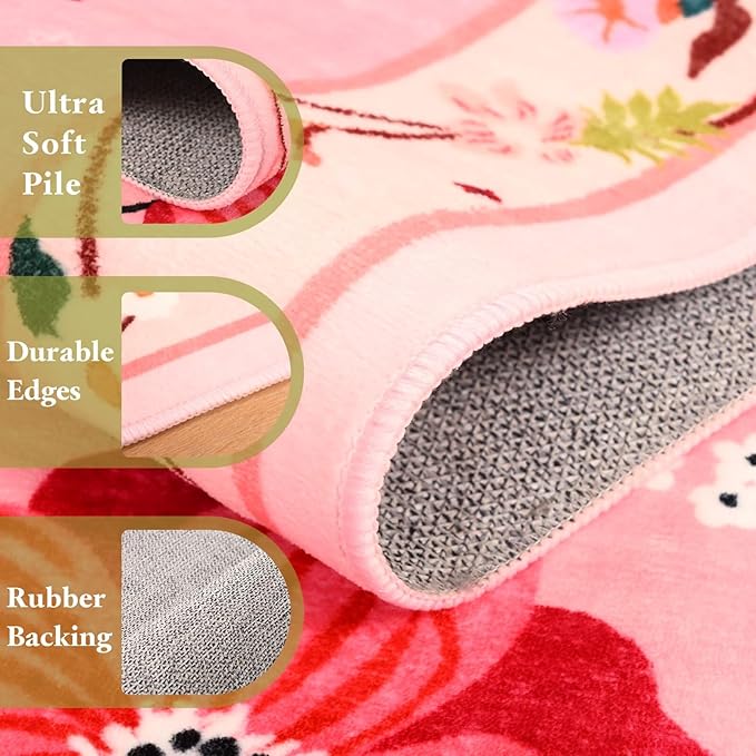 2x3 Pink Floral Rug for Entryway, Flowers Printed Washable Small Rugs with Non Slip Backing for Girls Bedroom Kitchen, Cute Throw Carpet Front Door Entry Decor