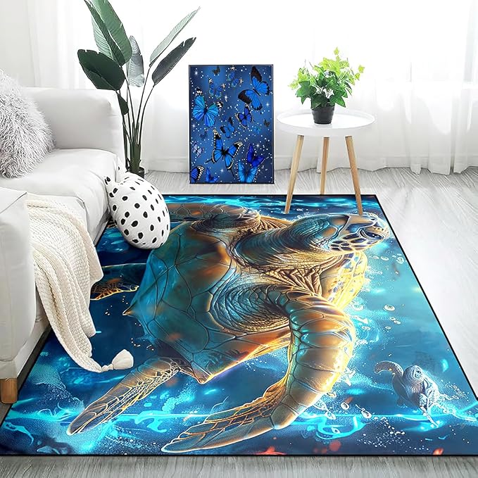 Sea Turtle Coastal Rug - Kids Sea Turtle Rugs for Bedroom Deep Ocean Life Theme Carpet for Living Room Classroom, 70" L x 55" W