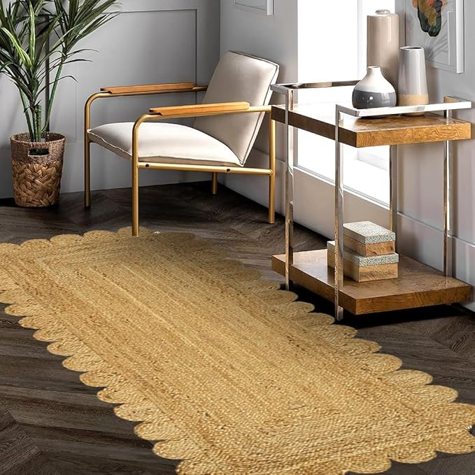 GRUHUM Scalloped Jute Runner Rug 2'6"x4'ft Natural Fibre Rectangular Boho Reversible Handwoven Soft Rustic Vintage Farmhouse Jute Area Rug Indoor EcoFriendly Livingroom Kitchen Hallways Enterways