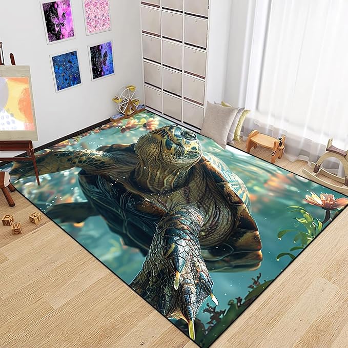Sea Turtles Rug for Kids - Sea Turtle Area Rug 47" L x 31" W Ocean Life Turtles Carpet for Bedroom Living Room Ocean Turtle Kids Room Decor