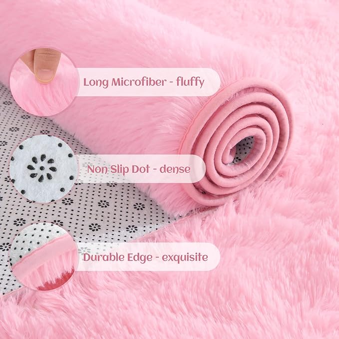 YJ.GWL Area Rugs for Living Room Bedroom, 4x6 Machine Washable Large Pink Carpet, Soft Fluffy Shaggy Thick Big Shag Indoor Floor Rug for Kids Boy and Girls Room Dorm Home Decor Aesthetic