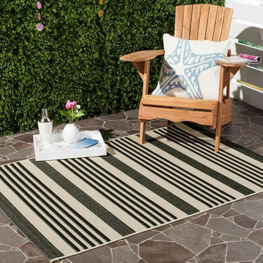 SAFAVIEH Courtyard Collection Accent Rug - 4' x 5'7", Black & Bone, Stripe Design, Non-Shedding & Easy Care, Indoor/Outdoor & Washable-Ideal for Patio, Backyard, Mudroom (CY6062-216)
