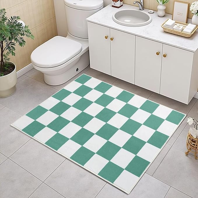 Terrug Green and White Small Checkered Rug for Bedroom, 2x3 Soft Washable Rug with Non Slip Backing, Low Pile Throw Carpet for Entryway Hallway Kitchen Laundry Room