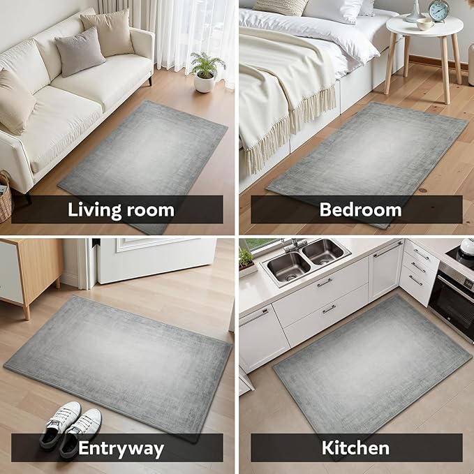 Small Area Rug-2x3 Entryway Rug Non Slip Washable Low Pile Indoor Door Mat Modern Abstract Entrance Rugs Carpet for Bedroom Kitchen Powder Room Front Porch Bathroom, Ash Grey