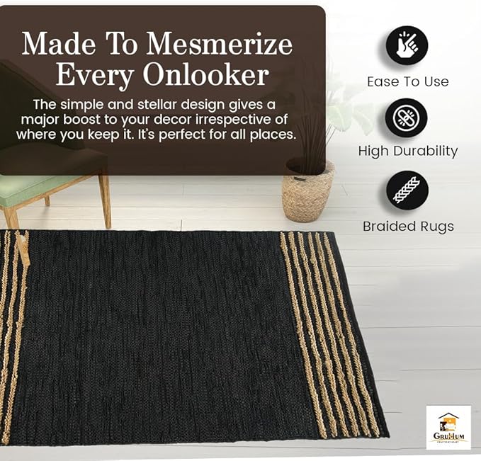 GRUHUM Jute Runner Rug 2'6"x4' ft Natural Fibre Black Rectangular Jute Area Rug Leather Handwoven Boho Farmhouse Braided Rustic Vintage EcoFriendly Rug Kitchen Livingroom Bedroom Hallways Enterways